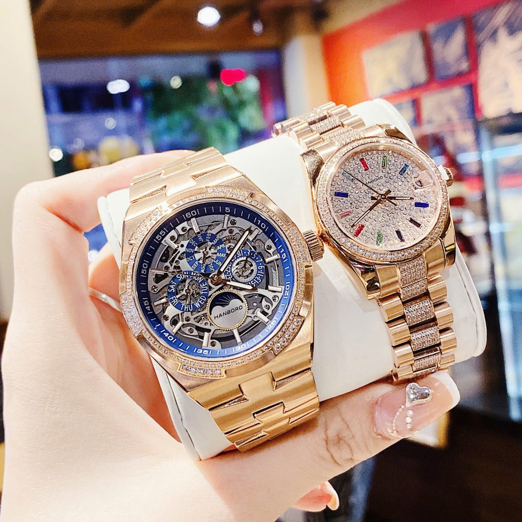 Đồng hồ Hanboro cặp nam nữ chính hãng dây kim loại đính đá 42mm-32mm