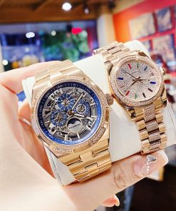 Đồng hồ Hanboro cặp nam nữ chính hãng dây kim loại đính đá 42mm-32mm