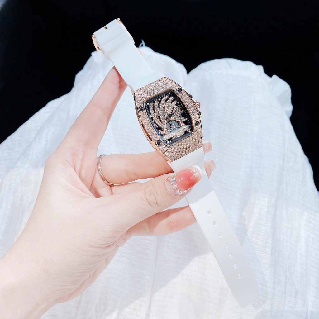 Đồng hồ Hanboro nữ chính hãng dây cao su đính đá mặt lốc xoáy 36mm