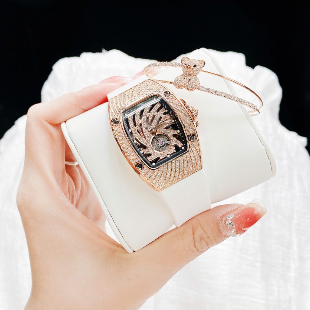 Đồng hồ Hanboro nữ chính hãng dây cao su đính đá mặt lốc xoáy 36mm