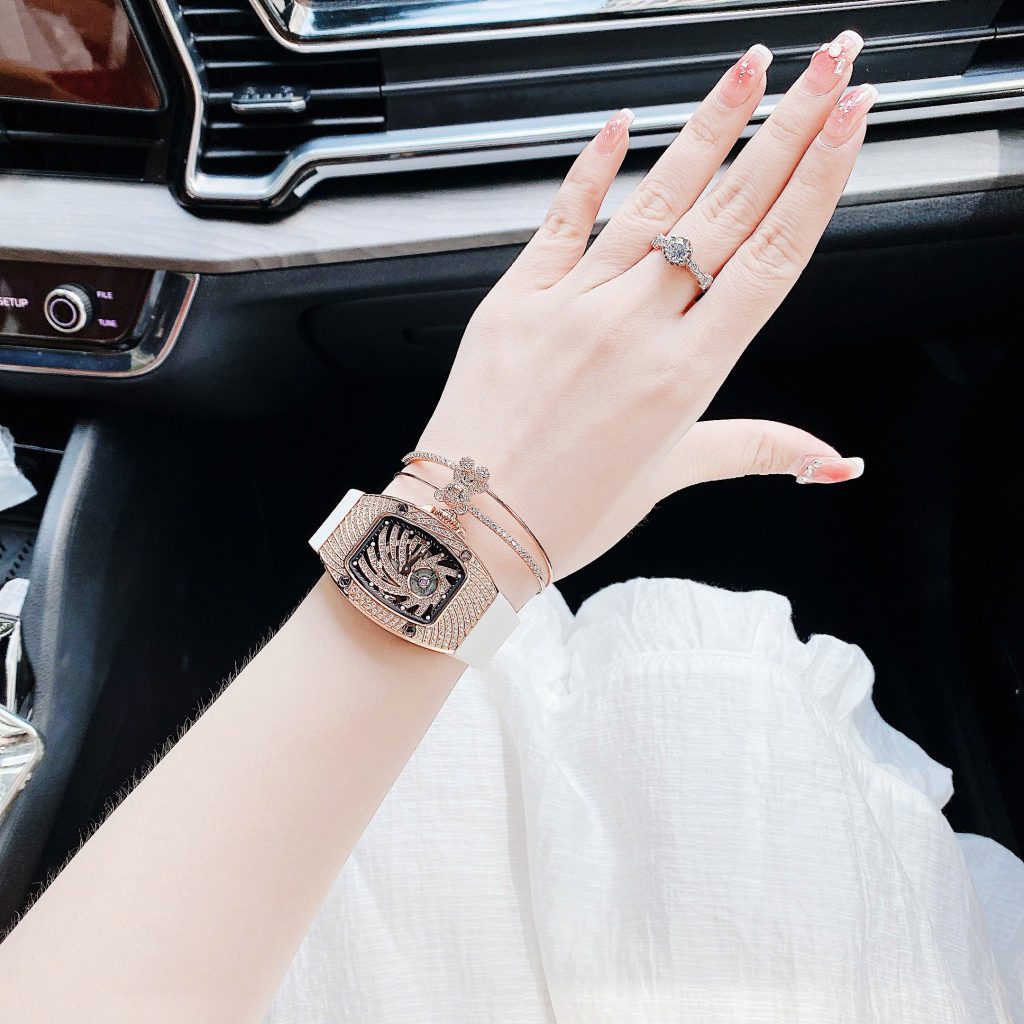 Đồng hồ Hanboro nữ chính hãng dây cao su đính đá mặt lốc xoáy 36mm