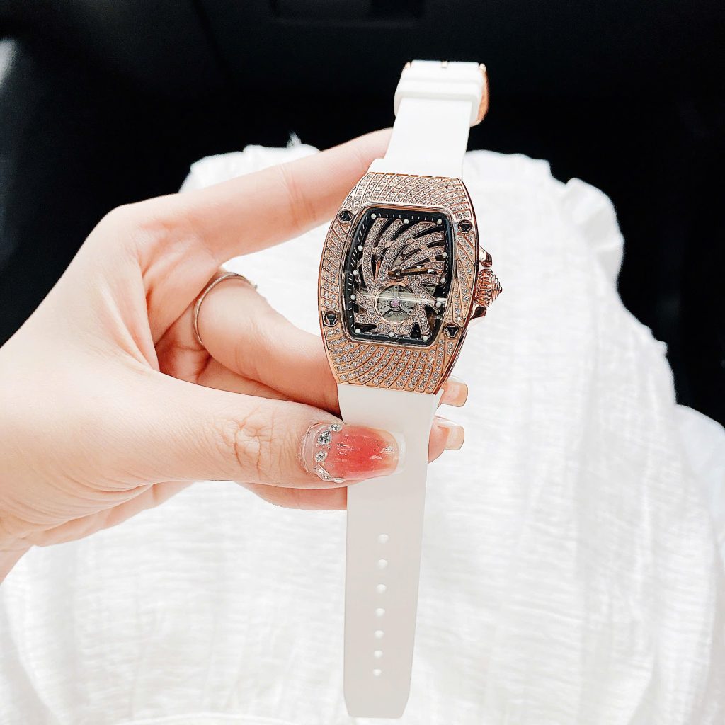 Đồng hồ Hanboro nữ chính hãng dây cao su đính đá mặt lốc xoáy 36mm