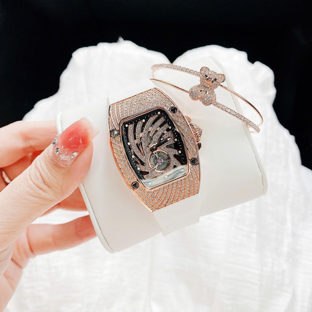 Đồng hồ Hanboro nữ chính hãng dây cao su đính đá mặt lốc xoáy 36mm