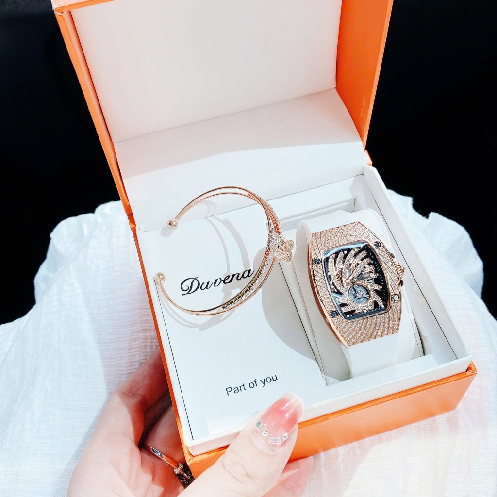 Đồng hồ Hanboro nữ chính hãng dây cao su đính đá mặt lốc xoáy 36mm