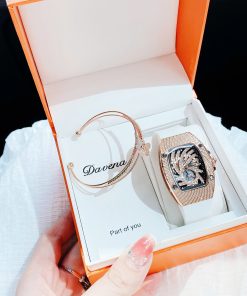 Đồng hồ Hanboro nữ chính hãng dây cao su đính đá mặt lốc xoáy 36mm