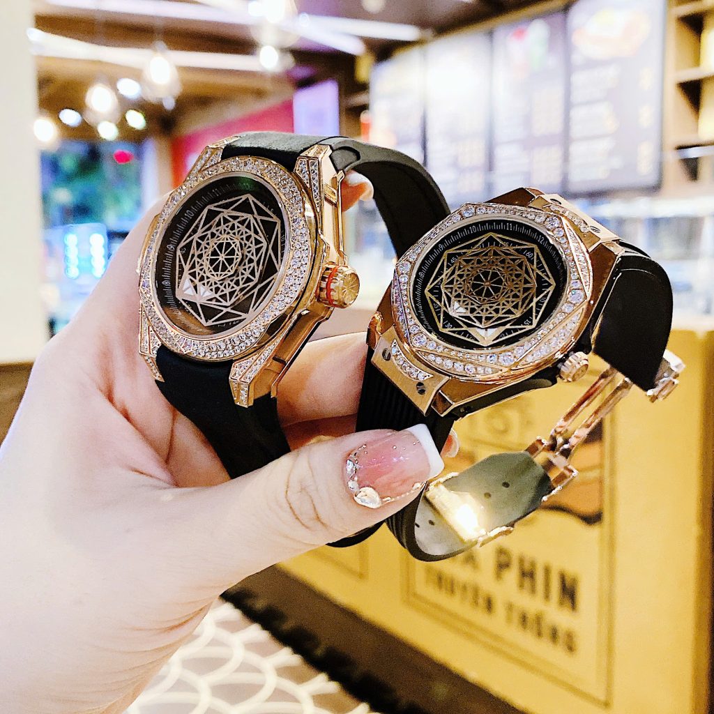 Đồng hồ Hanboro cặp nam nữ chính hãng dây cao su đính đá 42mm-36mm