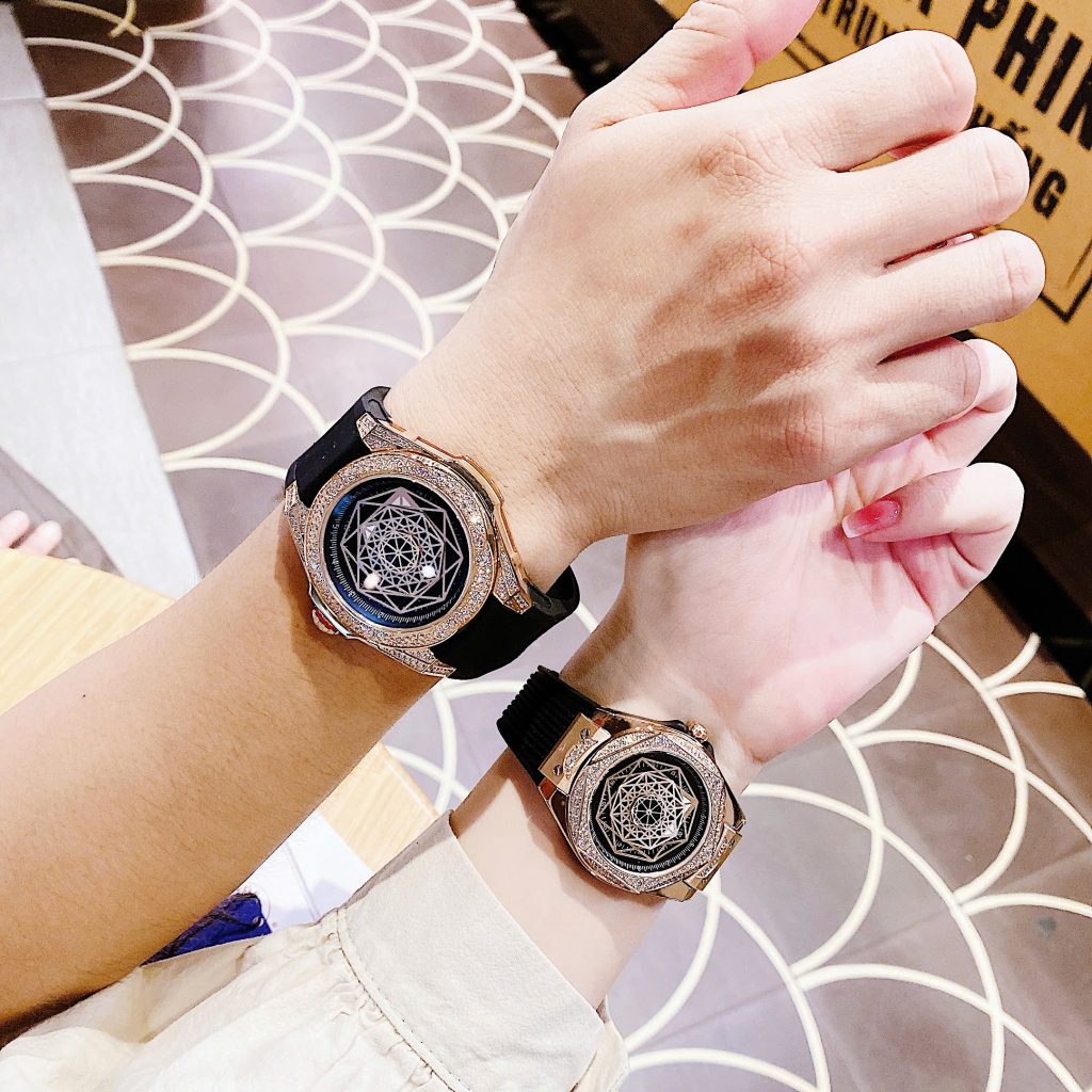 Đồng hồ Hanboro cặp nam nữ chính hãng dây cao su đính đá 42mm-36mm