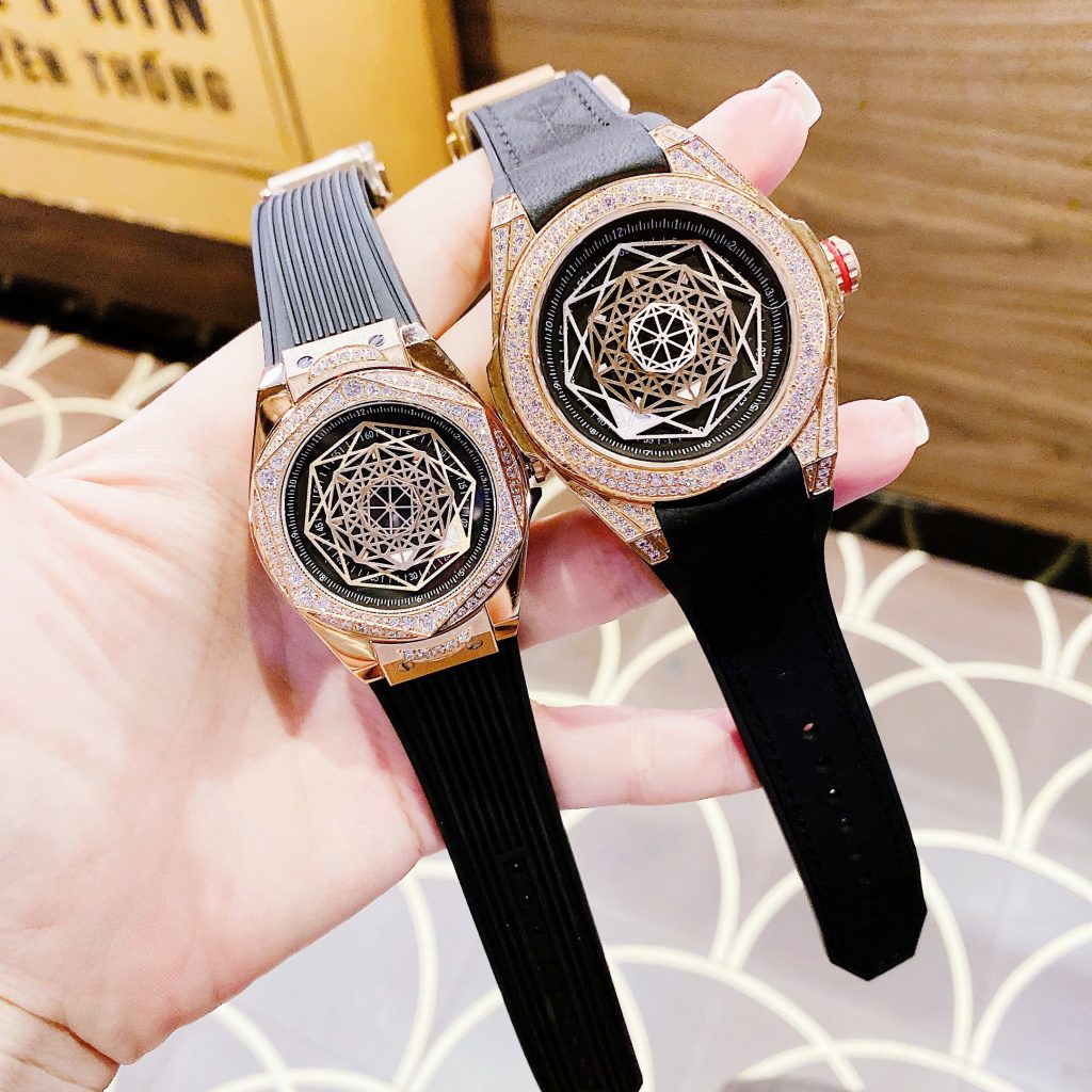Đồng hồ Hanboro cặp nam nữ chính hãng dây cao su đính đá 42mm-36mm