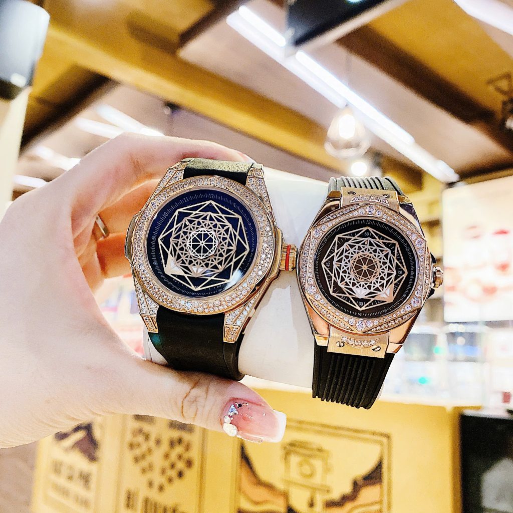 Đồng hồ Hanboro cặp nam nữ chính hãng dây cao su đính đá 42mm-36mm