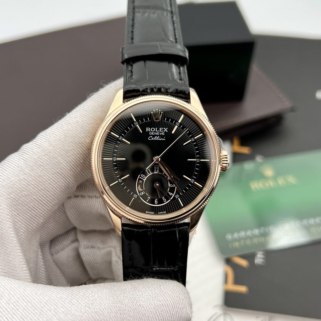 Đồng hồ Rolex Cellini Dual Time Replica cao cấp nhất màu đen 39mm (6)