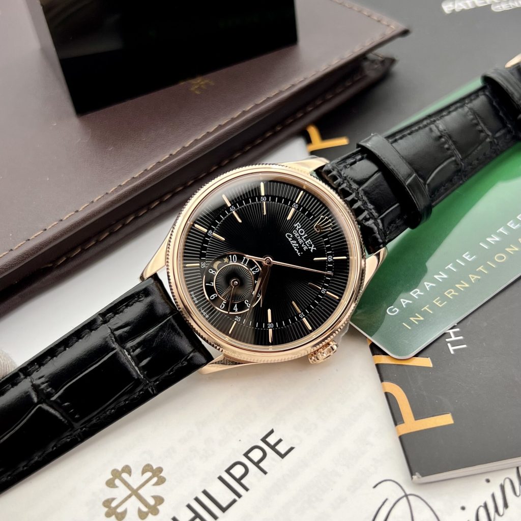 Đồng hồ Rolex Cellini Dual Time Replica cao cấp nhất màu đen 39mm (6)