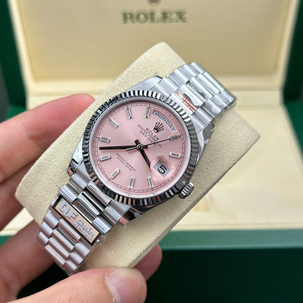 Đồng hồ Rolex Day-Date 128236 Replica 11 mặt hồng cọc số đá baguette 158gram QF factory 36mm (2)