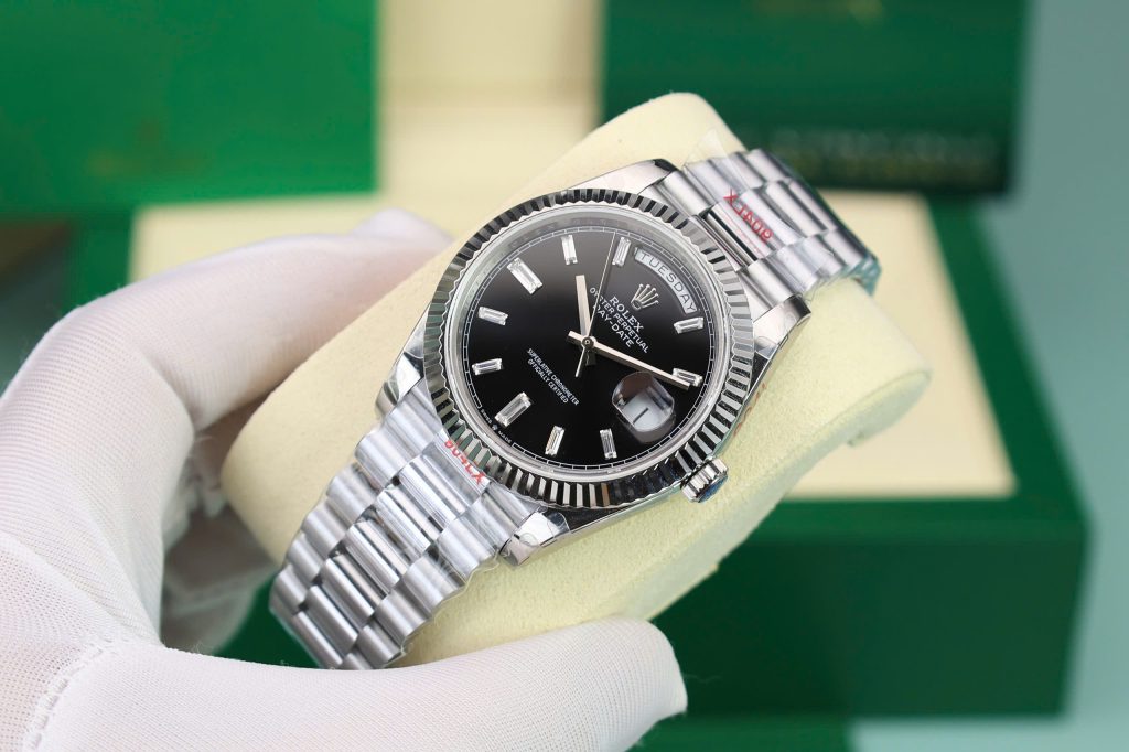 Đồng hồ Rolex Day-Date 228236 Rep 11 mặt đen cọc số đá baguette trọng lượng 175gram GMF 40mm (2)