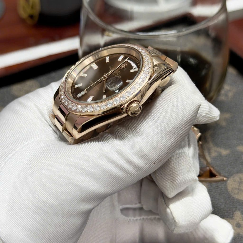  Đồng hồ Rolex Day-Date Chocolate nam đính đá Fake cao cấp 38-40mm