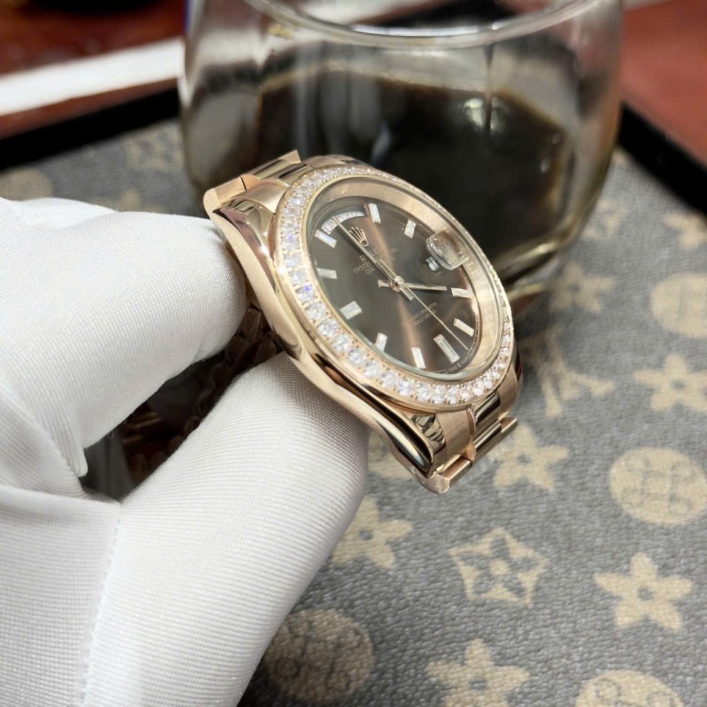  Đồng hồ Rolex Day-Date Chocolate nam đính đá Fake cao cấp 38-40mm