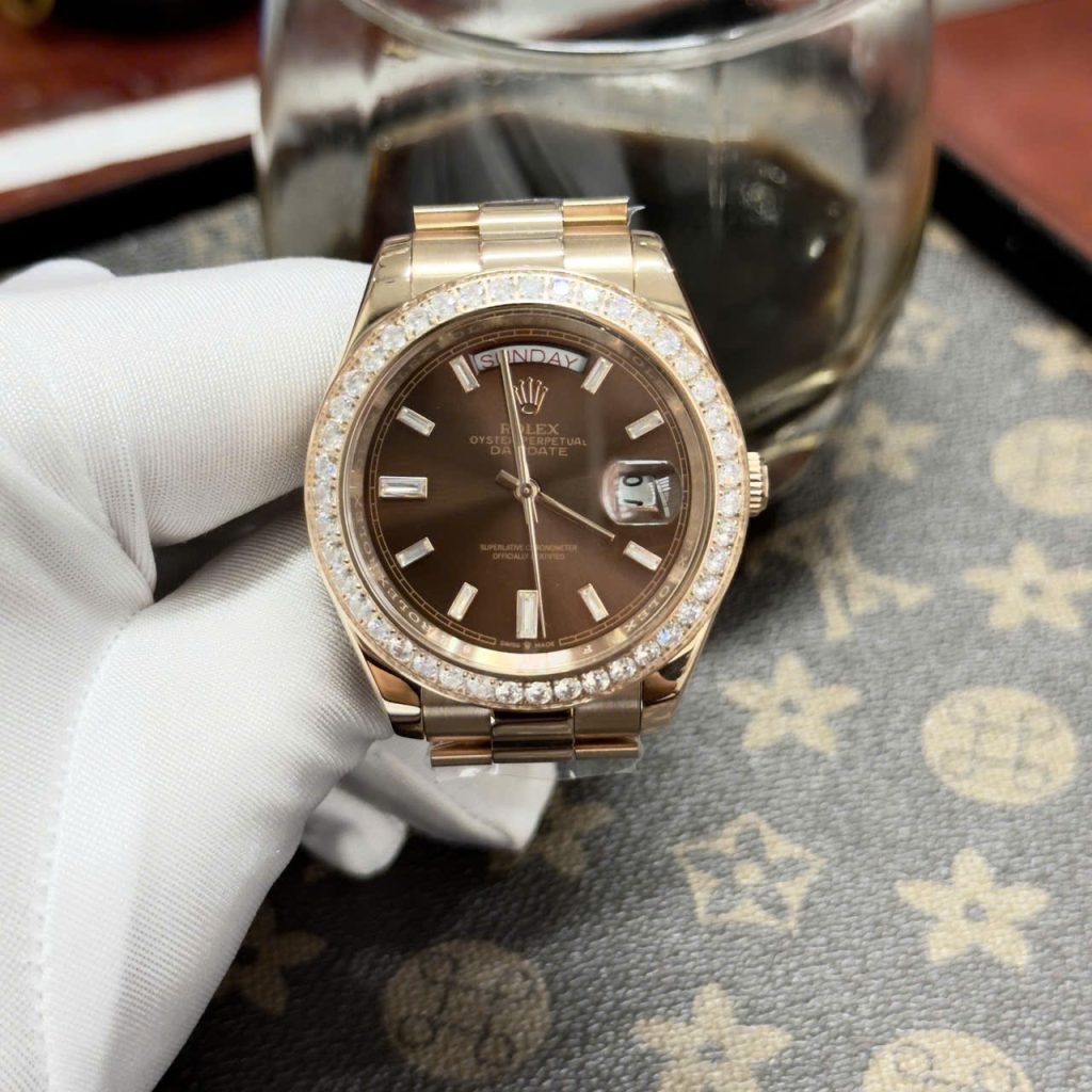  Đồng hồ Rolex Day-Date Chocolate nam đính đá Fake cao cấp 38-40mm