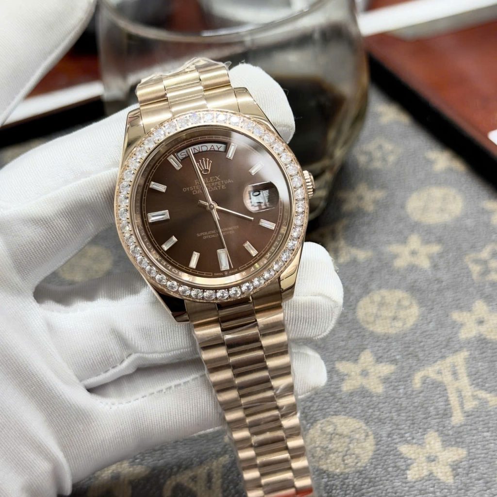  Đồng hồ Rolex Day-Date Chocolate nam đính đá Fake cao cấp 38-40mm