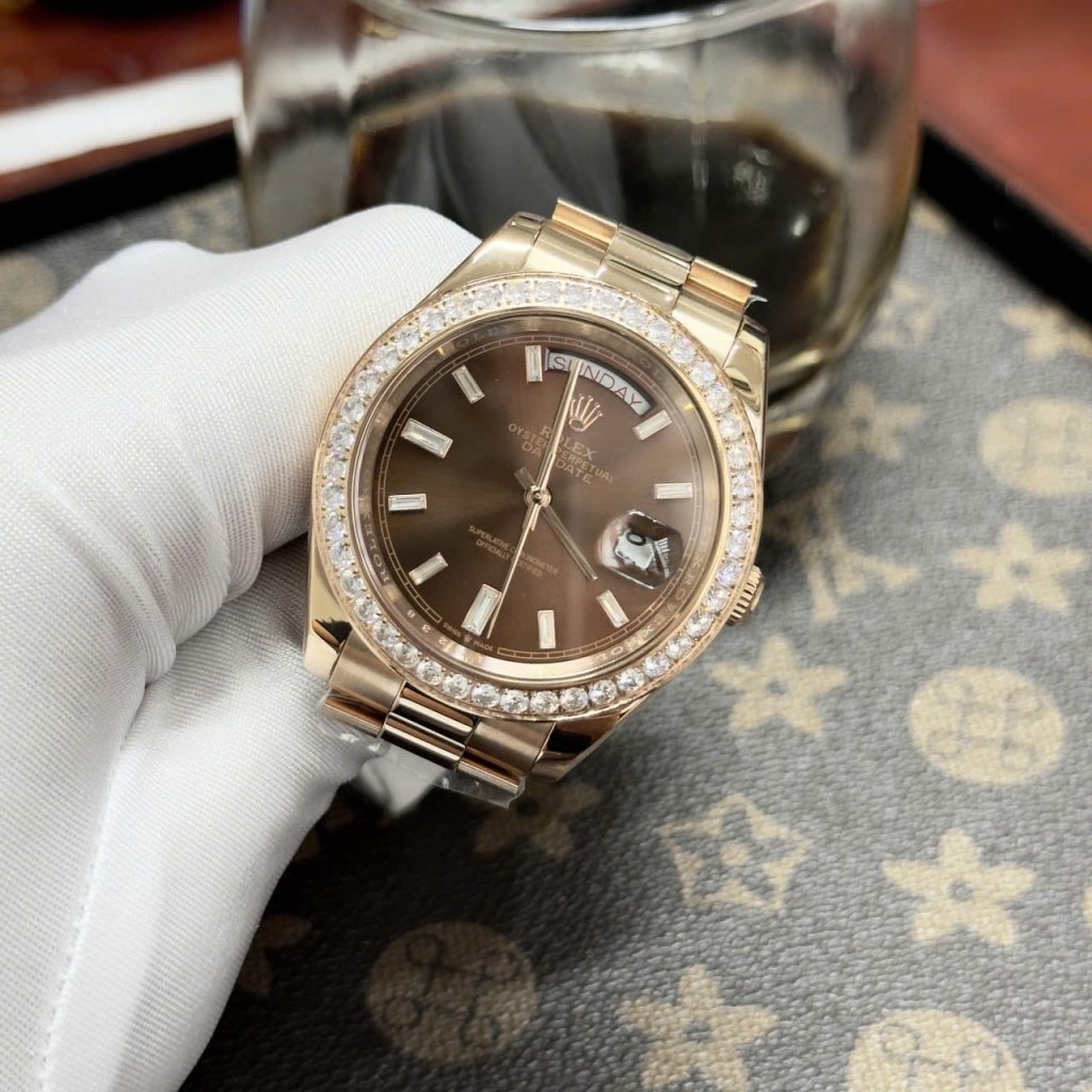  Đồng hồ Rolex Day-Date Chocolate nam đính đá Fake cao cấp 38-40mm