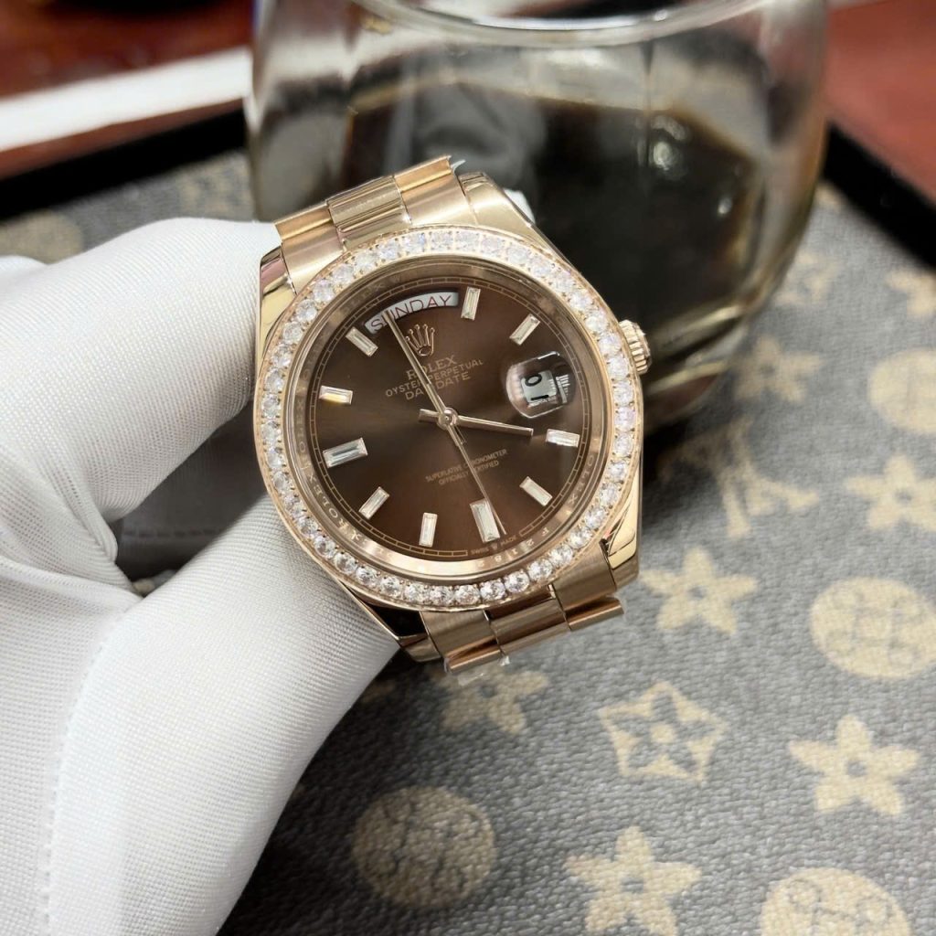  Đồng hồ Rolex Day-Date Chocolate nam đính đá Fake cao cấp 38-40mm