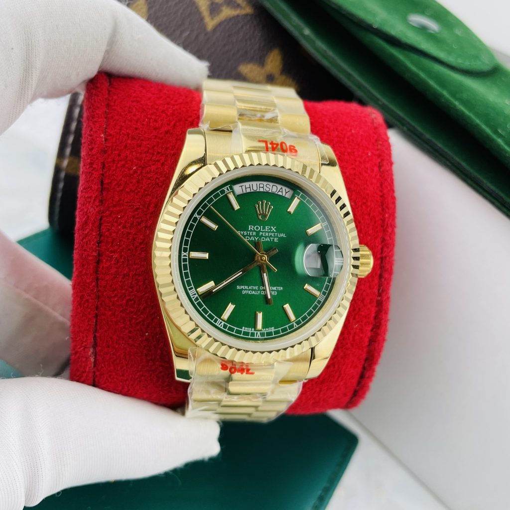Đồng hồ Rolex Day-Date nam Green cọc số dạ quang Super Fake máy cơ Nhật 37mm