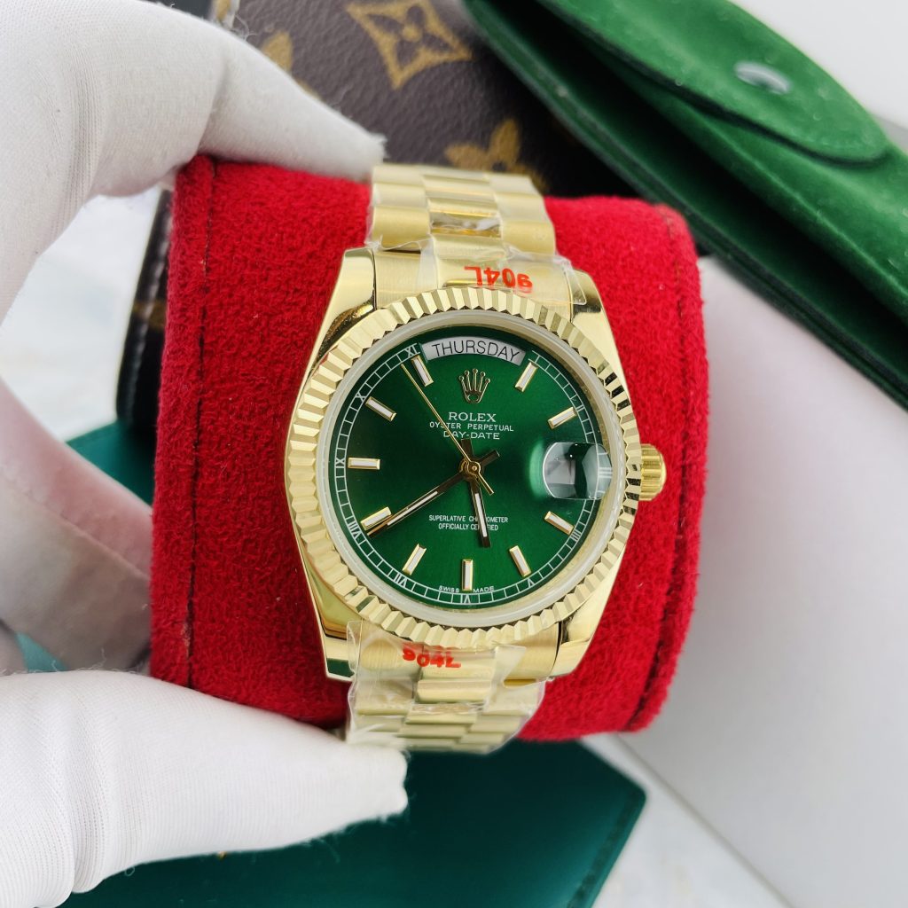 Đồng hồ Rolex Day-Date nam Green cọc số dạ quang Super Fake máy cơ Nhật 37mm