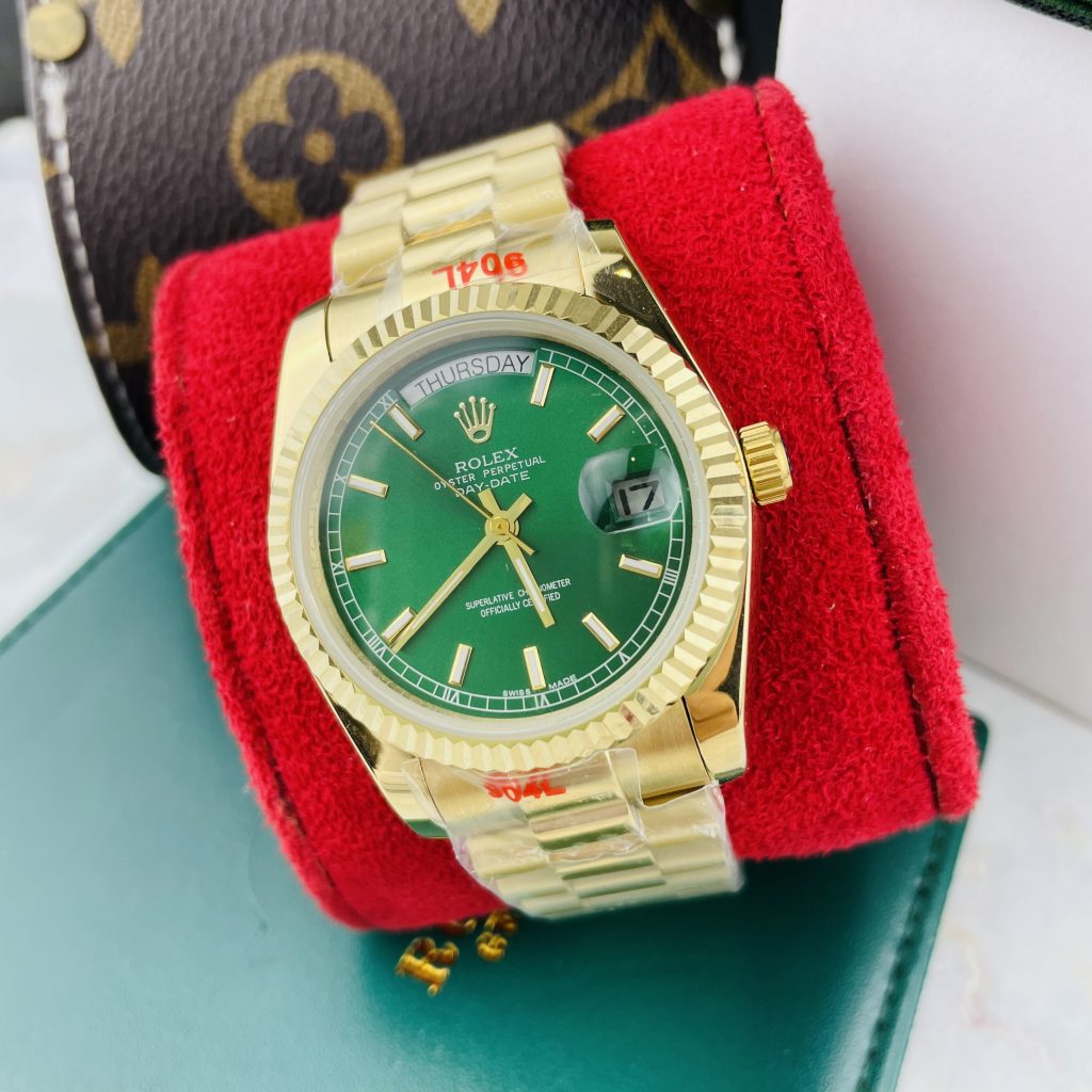 Đồng hồ Rolex Day-Date nam Green cọc số dạ quang Super Fake máy cơ Nhật 37mm