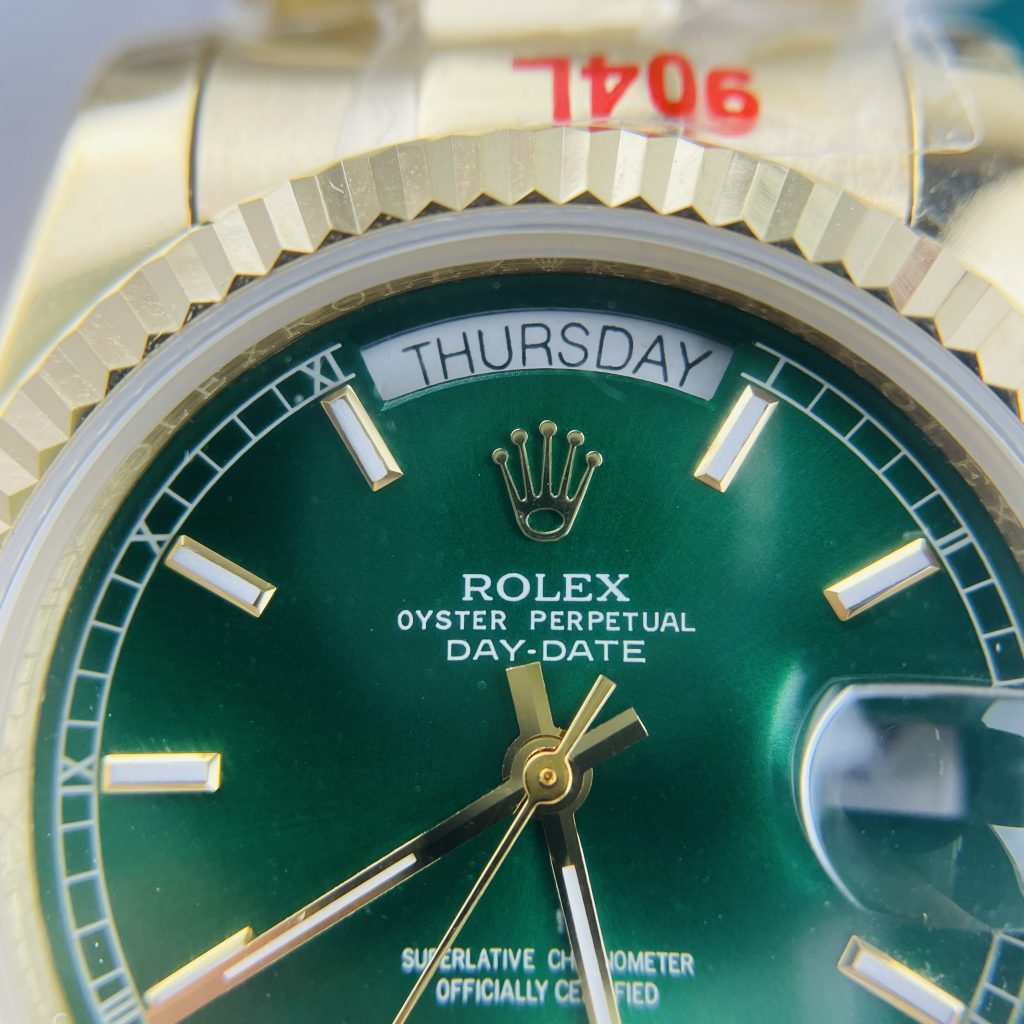 Đồng hồ Rolex Day-Date nam Green cọc số dạ quang Super Fake máy cơ Nhật 37mm