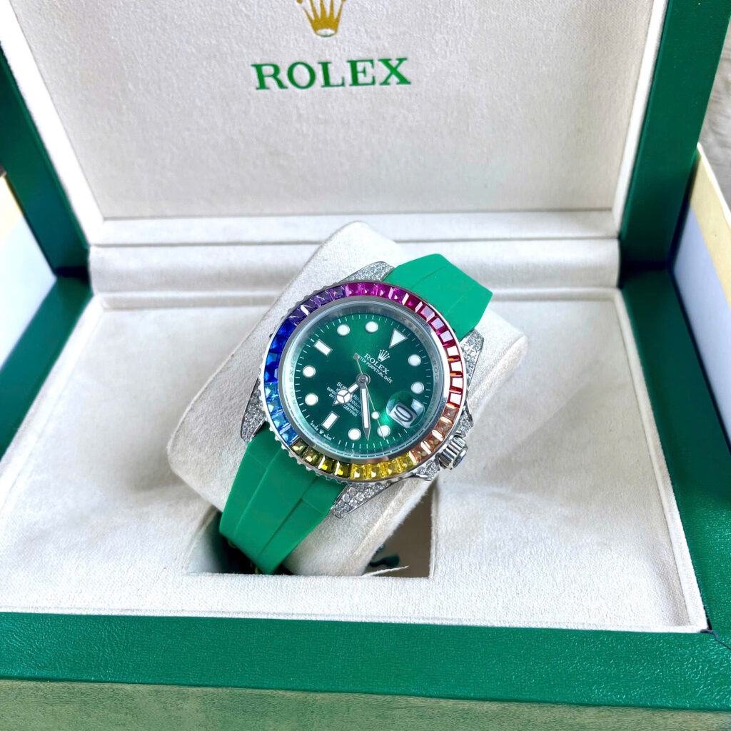 Đồng hồ Rolex Submariner nam đính đá xanh blue 7 sắc cầu vồng Super Fake 11 40mm