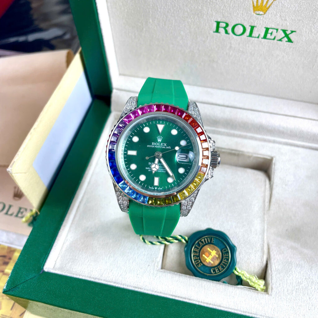 Đồng hồ Rolex Submariner nam đính đá xanh blue 7 sắc cầu vồng Super Fake 11 40mm