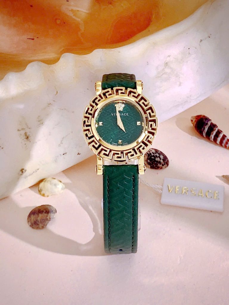  Đồng hồ Versace Glam Chic nữ dây da green niềng bông hoa Like Auth 30mm