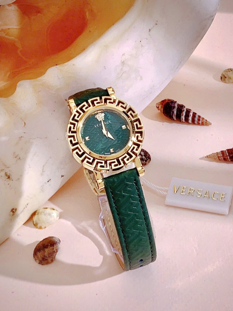  Đồng hồ Versace Glam Chic nữ dây da green niềng bông hoa Like Auth 30mm