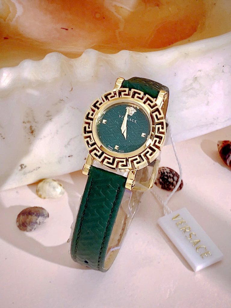  Đồng hồ Versace Glam Chic nữ dây da green niềng bông hoa Like Auth 30mm