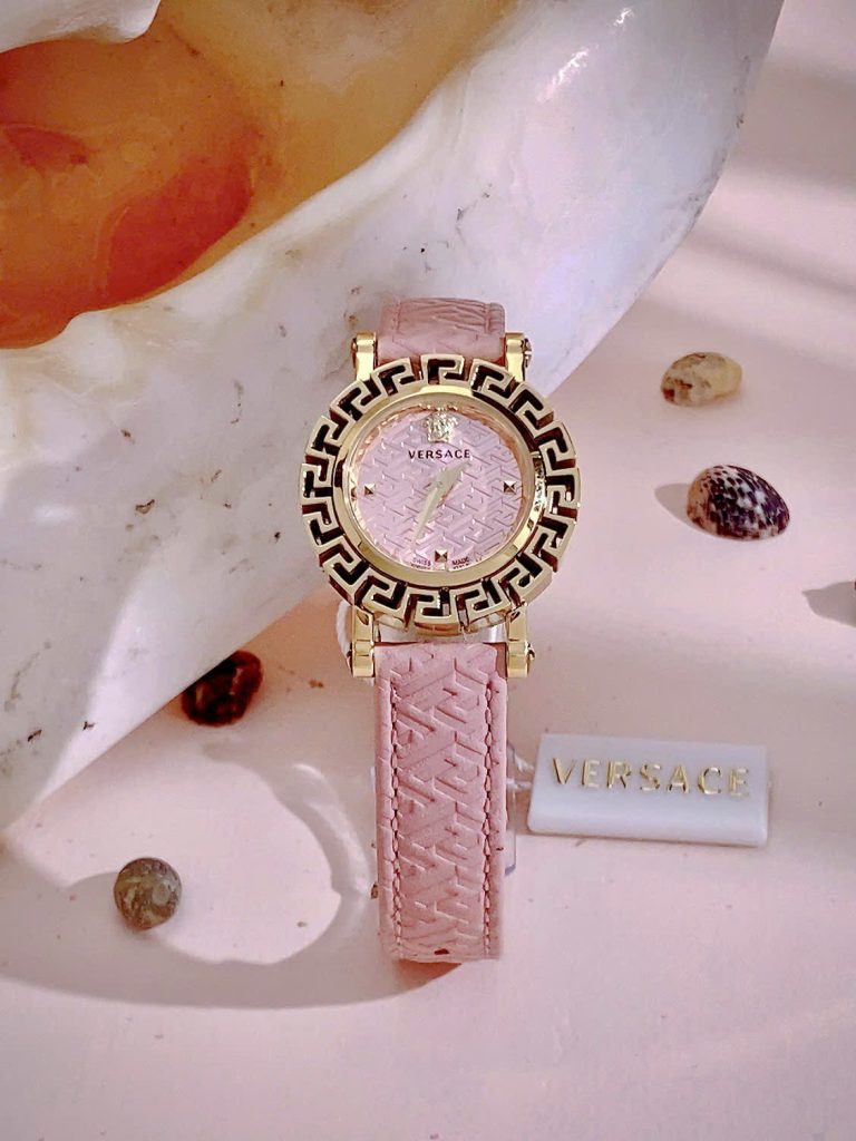 Đồng hồ Versace Glam Chic nữ dây da hồng niềng bông hoa Like Auth 30mm