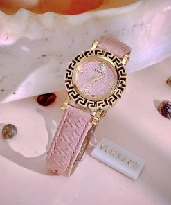 Đồng hồ Versace Glam Chic nữ dây da hồng niềng bông hoa Like Auth 30mm