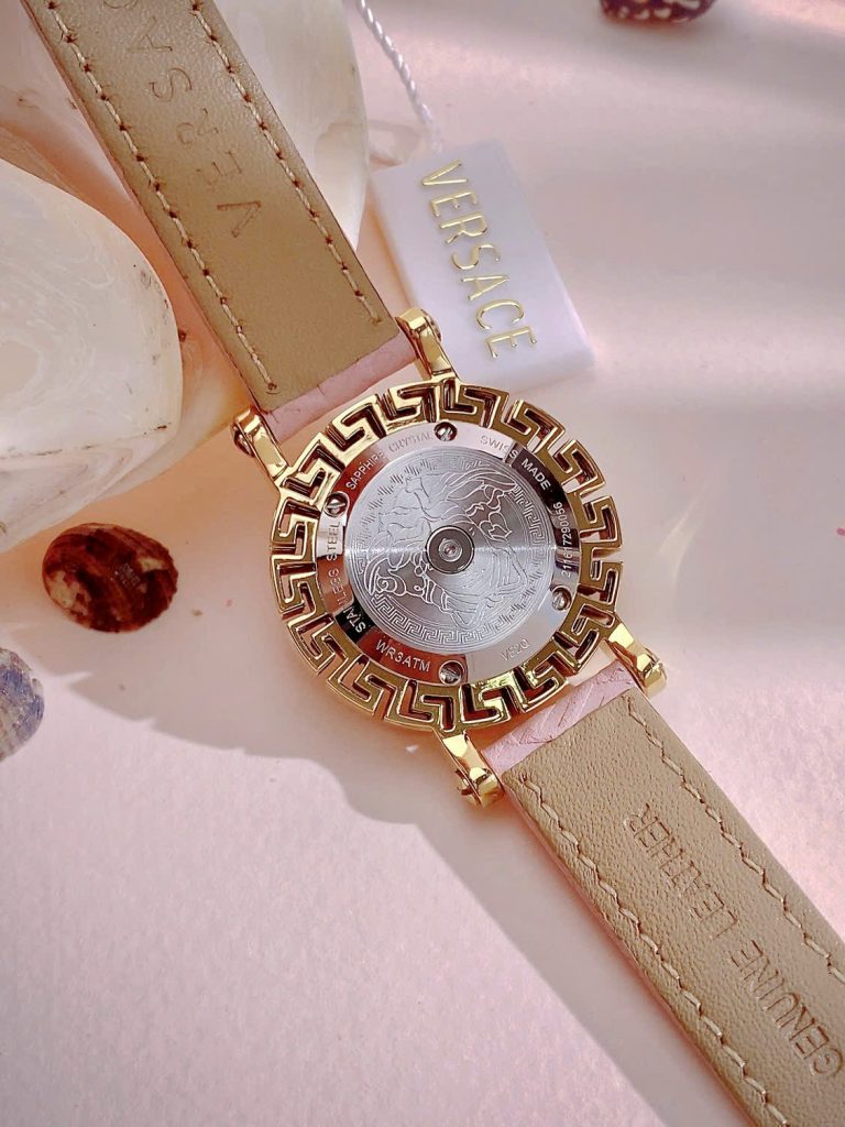 Đồng hồ Versace Glam Chic nữ dây da hồng niềng bông hoa Like Auth 30mm