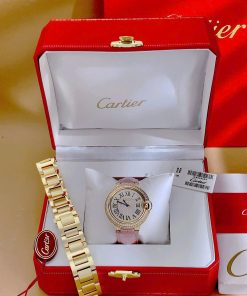 Đồng hồ Cartier Ballon Bleu nữ đính full đá dây da hồng Fake 11 36mm