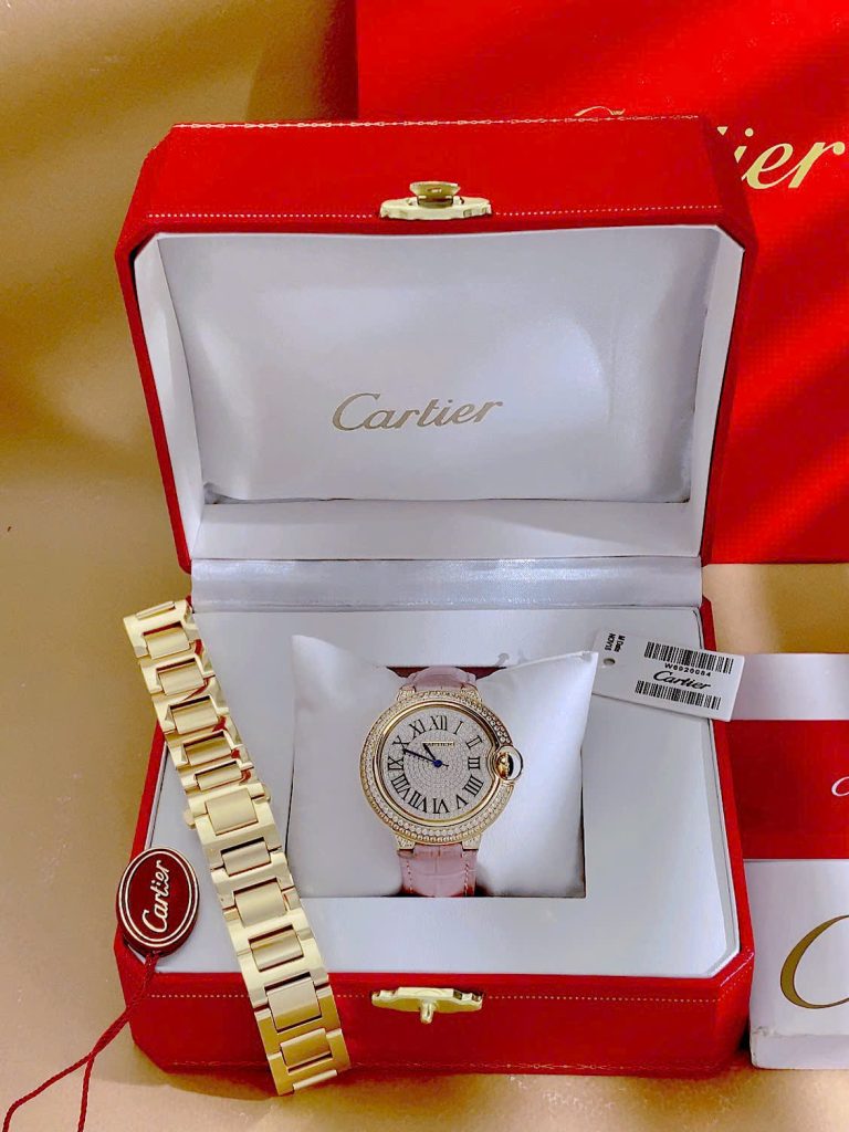 Đồng hồ Cartier Ballon Bleu nữ đính full đá dây da hồng Fake 11 36mm