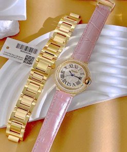 Đồng hồ Cartier Ballon Bleu nữ đính full đá dây da hồng Fake 11 36mm