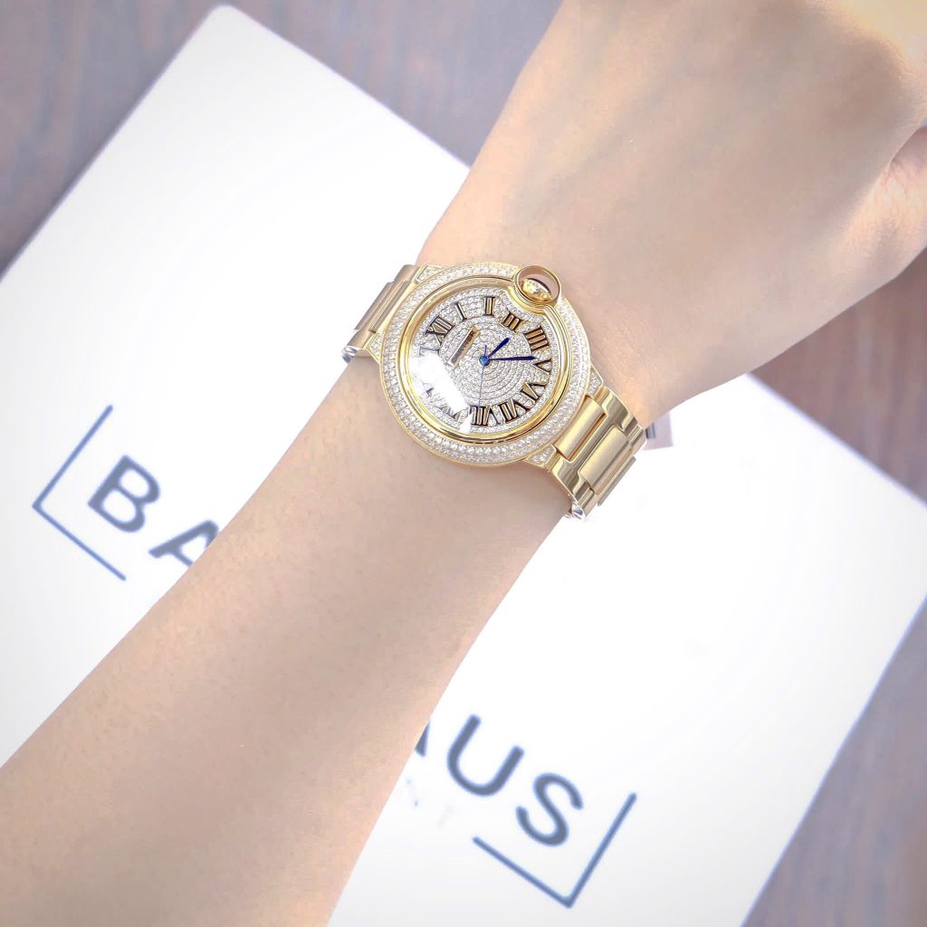 Đồng hồ Cartier Ballon Bleu nữ đính full đá dây da hồng Fake 11 36mm