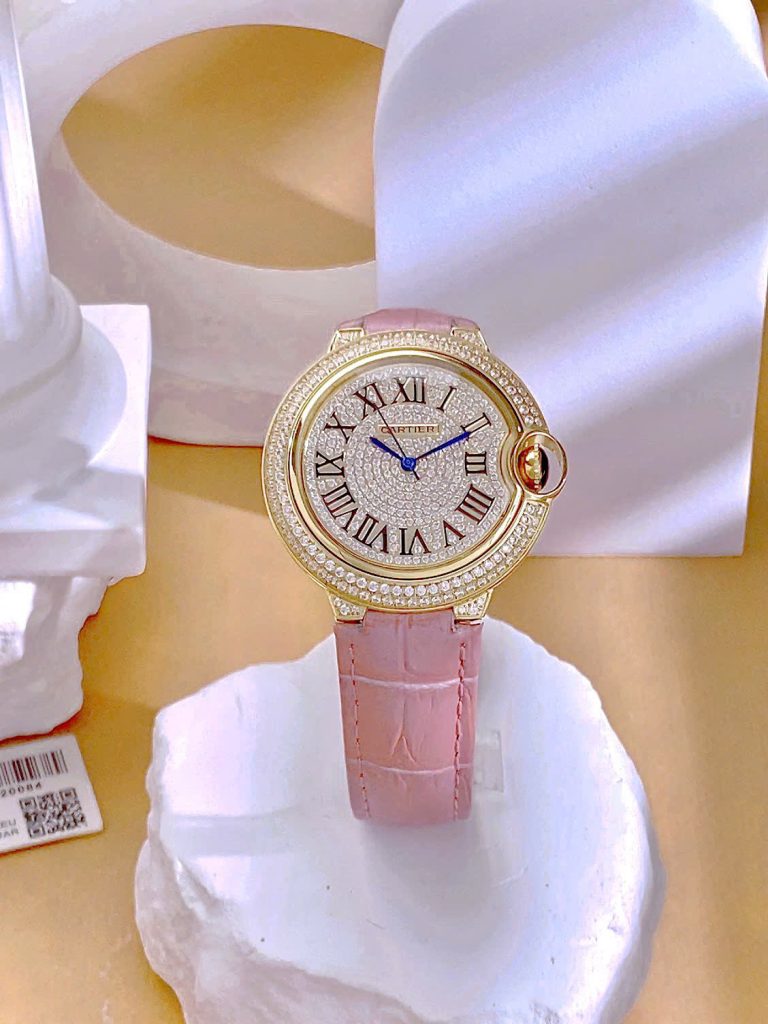 Đồng hồ Cartier Ballon Bleu nữ đính full đá dây da hồng Fake 11 36mm