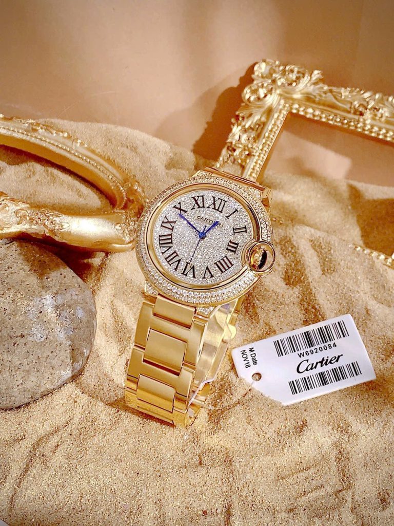 Đồng hồ Cartier Ballon Bleu nữ đính full đá dây da hồng Fake 11 36mm