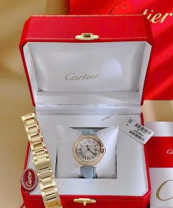 Đồng hồ Cartier Ballon Bleu nữ đính full đá dây da xanh Fake 11 36mm