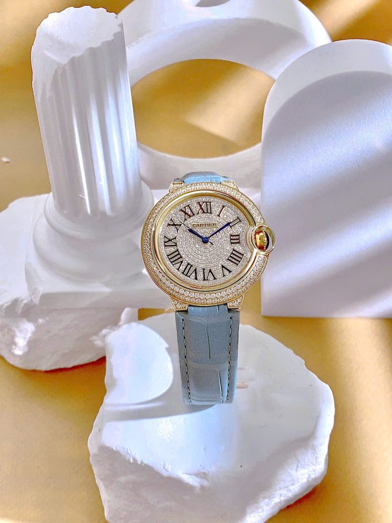 Đồng hồ Cartier Ballon Bleu nữ đính full đá dây da xanh Fake 11 36mm