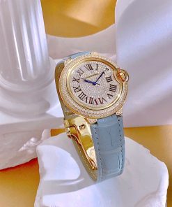 Đồng hồ Cartier Ballon Bleu nữ đính full đá dây da xanh Fake 11 36mm