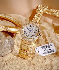 Đồng hồ Cartier Ballon Bleu nữ đính full đá dây da xanh Fake 11 36mm