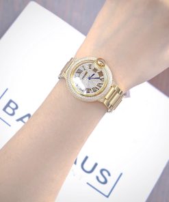 Đồng hồ Cartier Ballon Bleu nữ đính full đá dây da xanh Fake 11 36mm