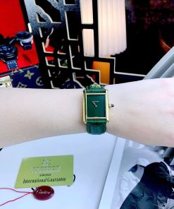 Đồng hồ Cartier Tank Louis dây da Green mặt chữ Nhật Fake Cao Cấp 24X32mm (6)
