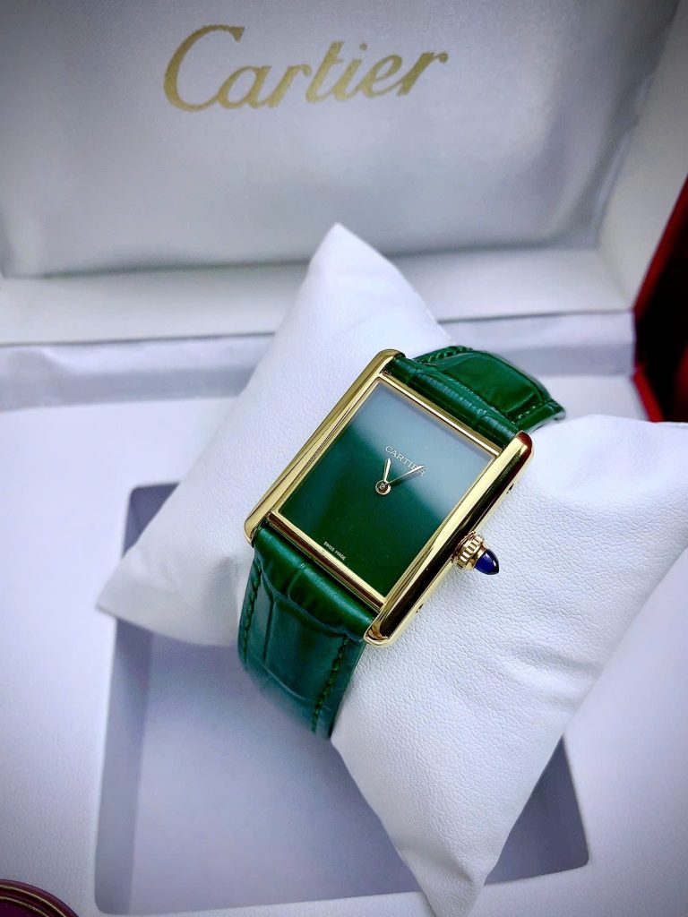 Đồng hồ Cartier Tank Louis dây da Green mặt chữ Nhật Fake Cao Cấp 24X32mm (6)