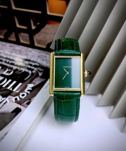 Đồng hồ Cartier Tank Louis dây da Green mặt chữ Nhật Fake Cao Cấp 24X32mm (6)
