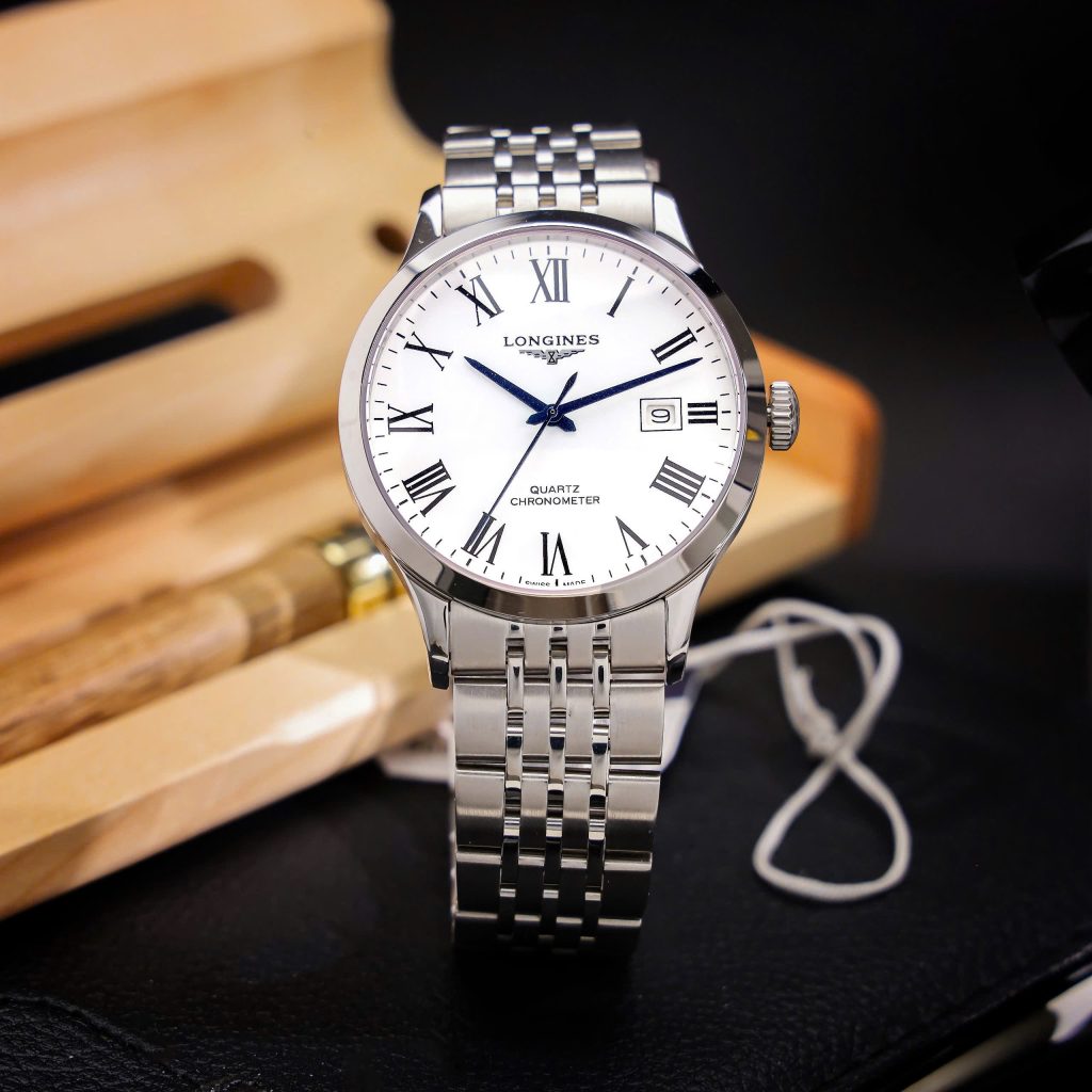 Đồng hồ Longines Record mặt trắng cọc số la mã dây kim loại Fake 11 40mm